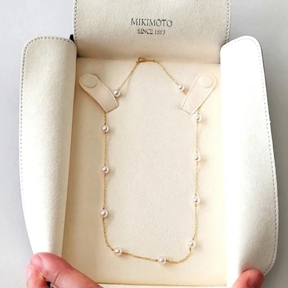 Mikimoto Akoya Cultured Pearl Station Necklace in 18k Yellow Gold (New)